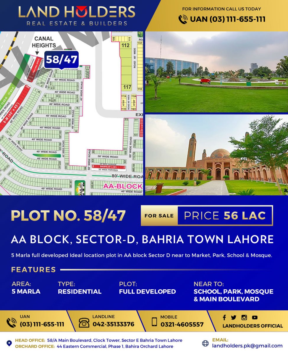LandholdersO's tweet image. DEAL OF THE DAY !

5 Marla Plot For Sale: Plot #58/47 AA Block, Sector D, Bahria Town Lahore at 56 Lac.

✔ NEAR TO: MAIN BOULEVARD, PARK, MOSQUE &amp;amp; 
      SCHOOL

For More Information, Please Call Us at (03) 111-655-111

#PLOTFORSALE #AABLOCK #BAHRIATOWN #LANDHOLDERS