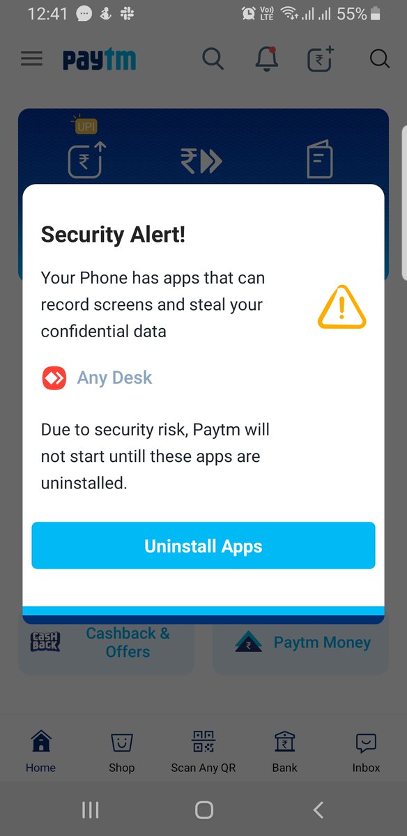 TechBlazes's tweet image. A warning would have worked for gullible people but forcing to uninstall @anydesk doesn't seem right.

@Paytm, @anydesk