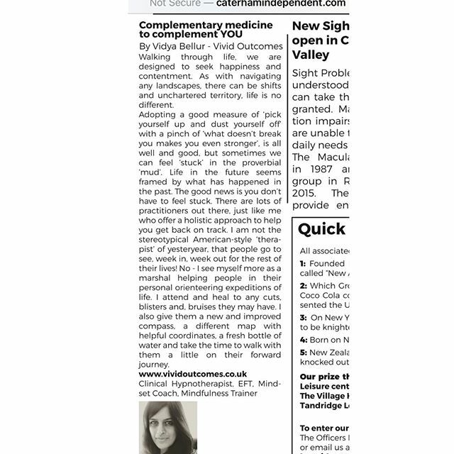 Vividoutcomes's tweet photo. A little write up about what I do, in the newspaper, put simply ☺️
#januaryreflections
#caterhamindependent
#resonateandreflect
_____________________________________
Vivid Outcomes .
Vidya Bellur
•Clinical Hypnotherapist•EFT Practitioner• EMDR The… https://t.co/9mz0prw83x https://t.co/fM0CljFxsL