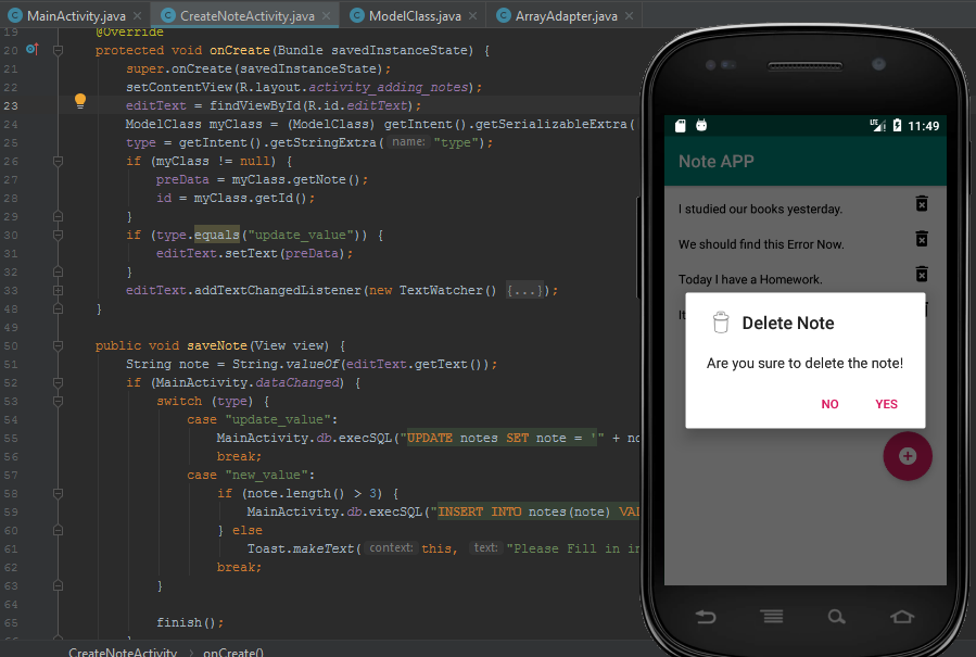 sodabehsherzad's tweet photo. we completed our #notes_app and we applyed #Update & #Delete from #Database & #ArrayList.
We used onResume method for #loading #previouse #activity & used #notifyDataSetChanged method for loading #RecyclerView. And we learned #AlertDialog.Builder #Object to create a Alert Dialog; https://t.co/ziuT3IATx8