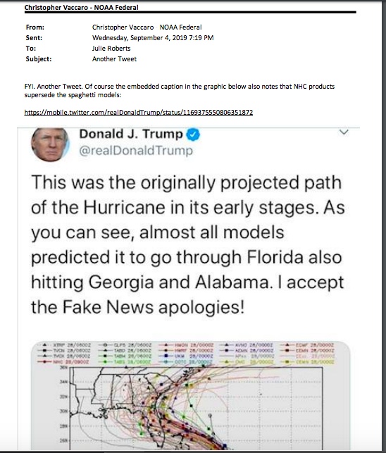 After Trump tweeted this about Hurricane Dorian and Alabama, NOAA spox sent this email to Julie Roberts, NOAA's comms director and deputy chief of staff.  #FOIA