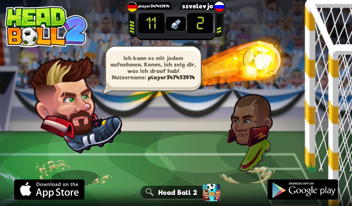 Ich suche nach einem neuen Herausforderer in Head Ball 2. Mein Nutzername ist 'player347453914'. Spiel mit mir! Download über app.adjust.com/7lb0aee_oovl5up #headball2 <a href="/HB2Official/">Head Ball 2</a>