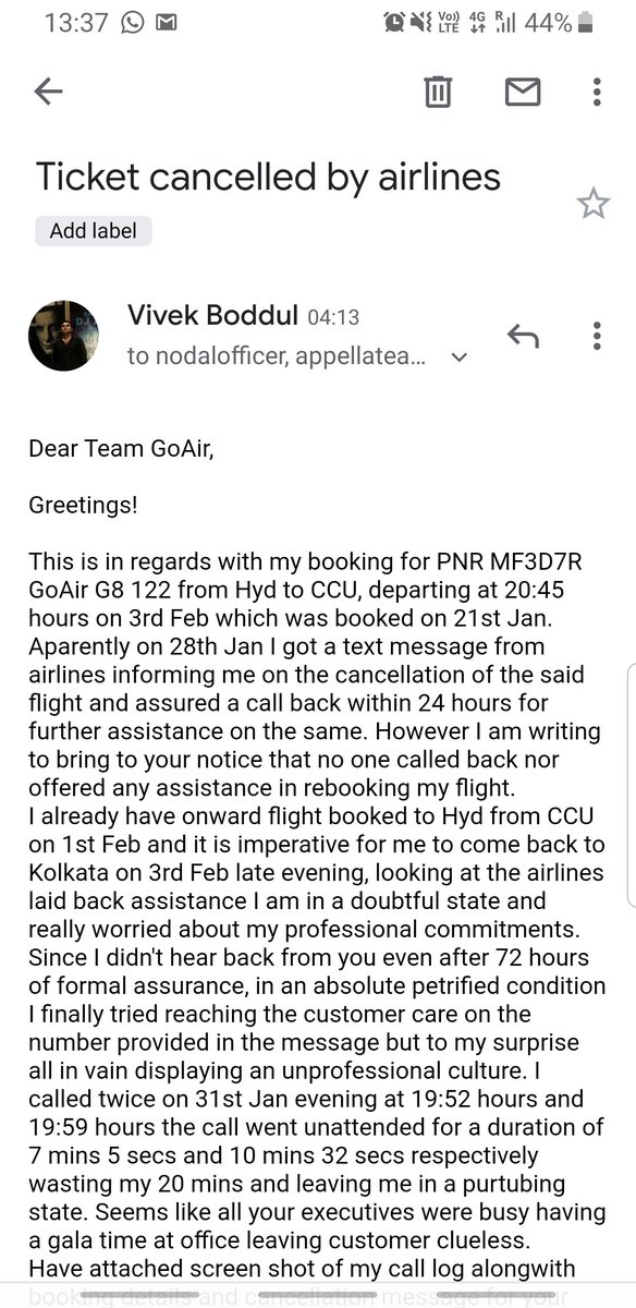 vivekboddul's tweet photo. @goairlinesindia seems you guys are not professional in serving customers. HYD to CCU 3rd feb flyt cancelled by you and assured of further assistance within 24 hours but its been more than 80 hours no assistance received. No response to my calls and emails. Really disappointing. https://t.co/iZTpjXgqLH