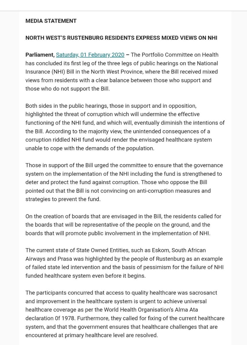 ParliamentofRSA's tweet photo. Media statement: North Westโs Rustenburg resident express mixed views on #NHI #NHIPublichearings #TakePartInParliament #PeoplesParliament https://t.co/n8Z73dzcse