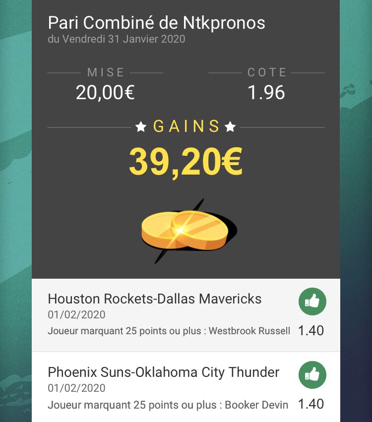 Et voilà on encaisse dans le pass spécial montante avec le premier palier, il est pas trop tard pour nous rejoindre l’équipe, venez privé ! 🤝

🏀Westbrook Russel +25 points + Booker Devin +25 points🏀
📊 Cote : 1,96 (Unibet) ✅

Mise : 20€ -> 39,20€ ✅
Objectif : 100€ 😇