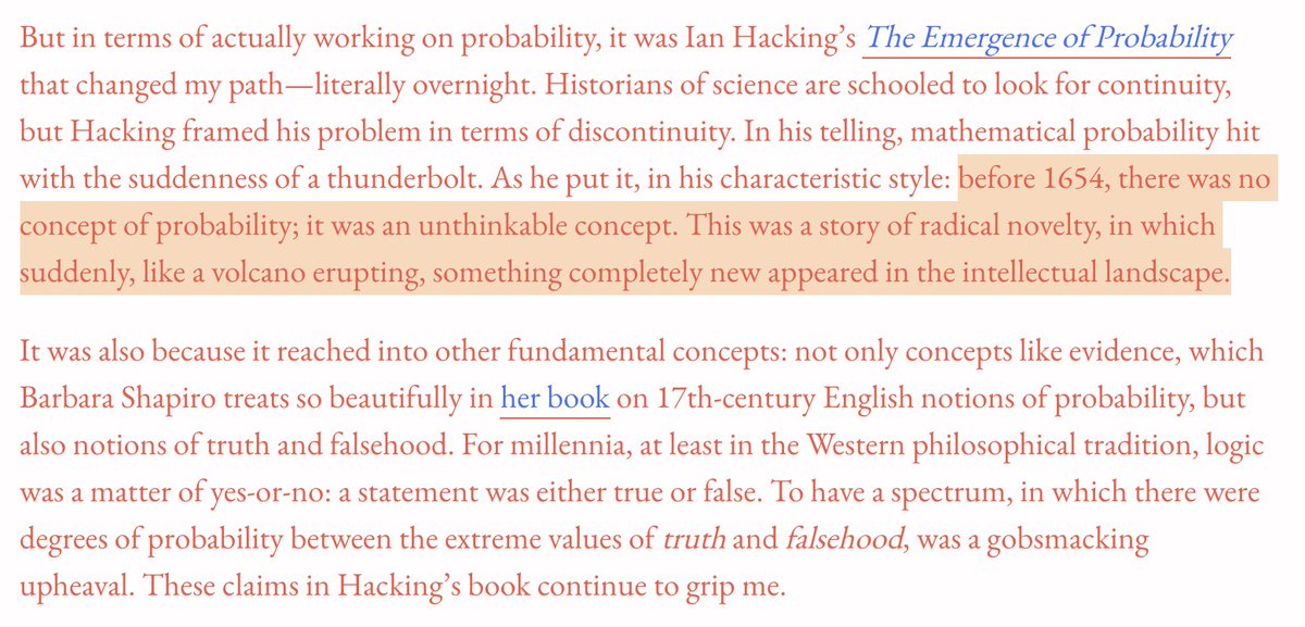 in Phenomenal World link: "But in terms of actually working on probability…" to "… These claims in Hacking’s book continue to grip me."