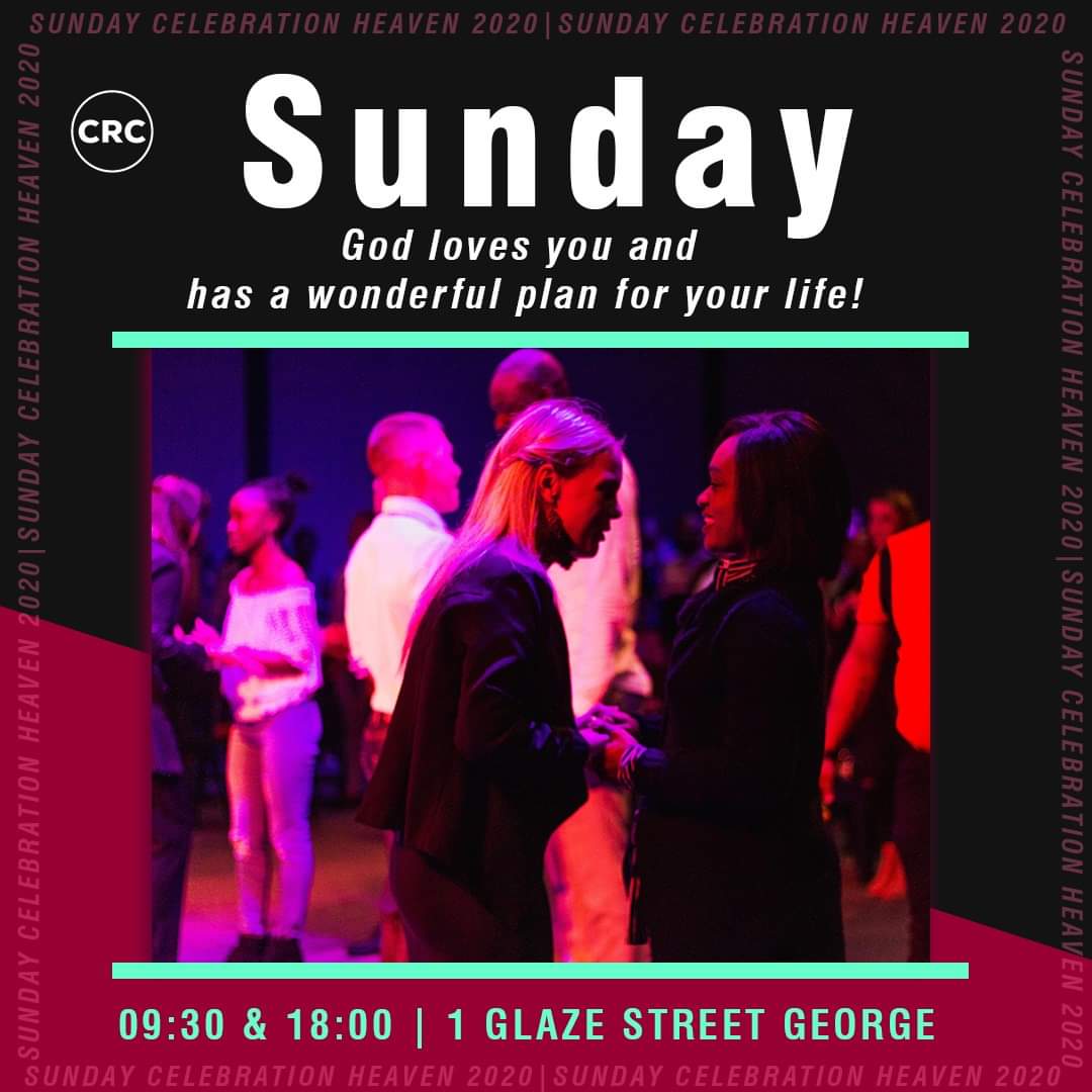 It's almost Sunday! And we are ready for good company and a powerful #WORD! 🔥

We invite you to celebrate with us at one of our two locations:
CRC George | 09:30 &amp; 18:00
CRC Mossel Bay | 08:30 &amp; 18:00

#Heaven2020
#CRCMyFamily
#Sunday