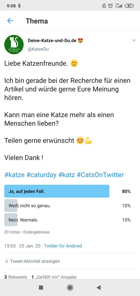 Guten Morgen liebe Katzenfreunde 😻

Das Ergebnis der Umfrage: Kann man eine Katze mehr als einen Menschen lieben?  ist da!

Das Ergebnis hat mich sehr überrascht. Was meint ihr?

#caturday #kitty #catsoftwitter #catlover #katze #kitties  #catlove  #katzen #catsofinstagram