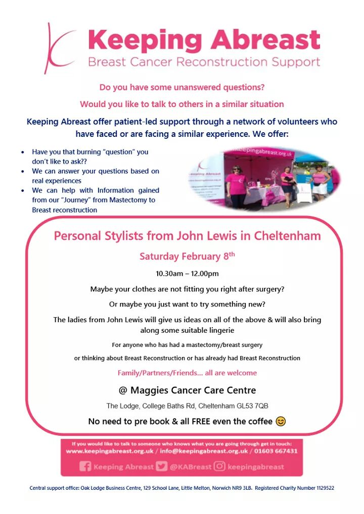 JackyKASW's tweet photo. Saturday 8th Feb come &amp; join us  Keeping Abreast Cheltenham @maggieschelt ..Maggies in Cheltenham 10.30-12. FOC coffee morning with John Lewis stylists. More details on FB or our website https://t.co/OaTnt8SFNg