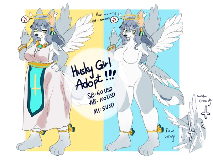 【Angel Husky Girl adopt!!!】

SB: 60USD
AB: 100USD
MI: 5USD

You will get the complete design picture after adopt
Example like the other image~☺️

Hope someone can take her home~🎊🎁 