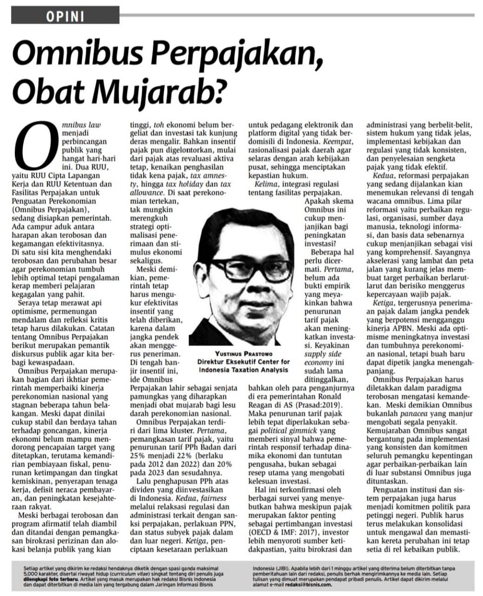 Manjurkah Omnibus Perpajakan? Catatan saya di <a href="/Bisniscom/">Bisnis.com</a> kemarin.