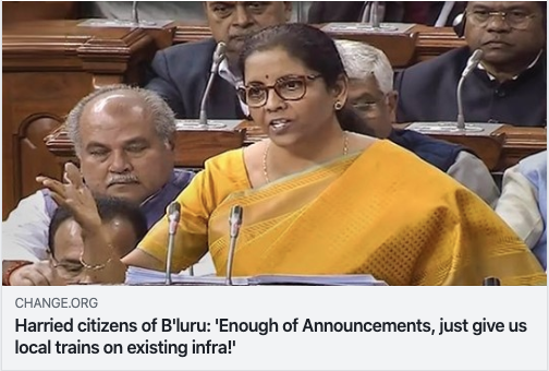 Enough of announcements, just give us suburban trains on existing infrastructure!

40 years of Announcements! We are not amused by announcements any more!

<a href="/nsitharaman/">Nirmala Sitharaman</a> <a href="/PiyushGoyal/">Piyush Goyal</a> @SureshAngadi_ 

change.org/p/piyush-goyal…

#WorstTrafficInTheWorld #BengaluruChoked #Budget2020