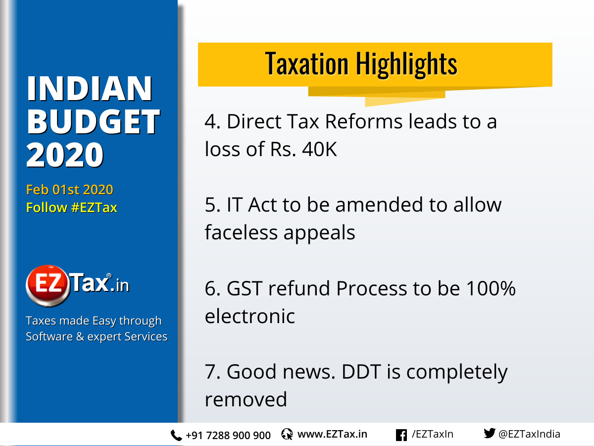 Few #Highlights on Taxation front.

Long awaited .. DDT is gone. GST Refunds 

#gst @budget2020
 #budget #eztax #personal #salary #money #economy #BudgetSession2020 #tax #taxes #corporate #Companies 

