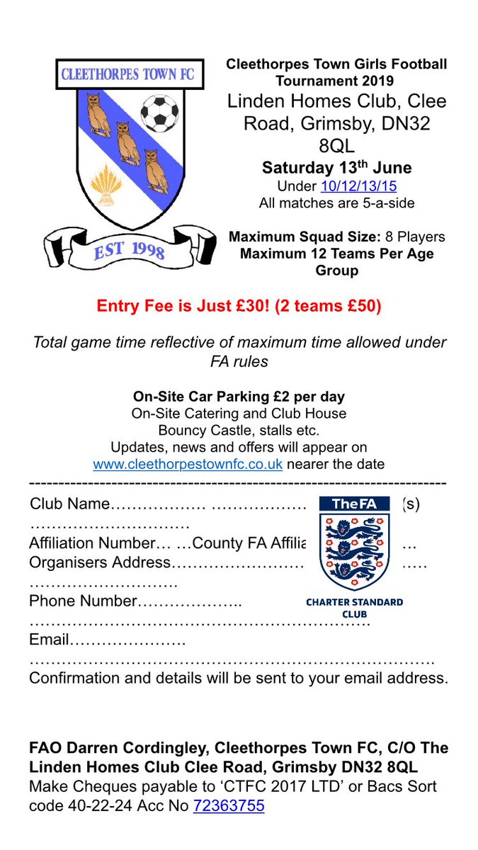 CleeTournament's tweet photo. Quick weekend update - the Girls Tournament is filling up nicely with spaces still available in all groups except the u15's which is nearly full!

Lots planned for the 13th June for our Girls Tournament as well as playing on some great pitches ⚽

#ThisGirlCan https://t.co/VsskJjapwx