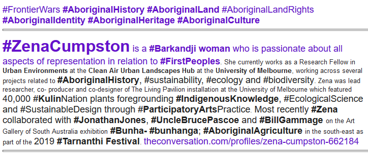 WgarNews's tweet photo. @Girrali @LadyPoop2 @SaveOurForests_ @anne_clothier @WhteRbbnAdvocat @JennyPineapple2 @janettj777 @rationalbitch @BakchosGlass @CapesJoy @RobRobbEdwards @ConversationEDU @murtupuni @geoffrey_payne @Absurd_Penguin @RBJRON @RachelQuayle08 @virgotweet @KleinRevd #ZenaCumpston is a #Barkandji woman who is #passionate about all aspects of rep in relation to #FirstPeoples. #Zena collaborated with #JonathanJones, #UncleBrucePascoe, #BillGammage in exhibit #Bunha- #bunhanga; #AboriginalAgriculture #Tarnanthi Festival https://t.co/00E2bVOFQm https://t.co/8SeU9VWDBb