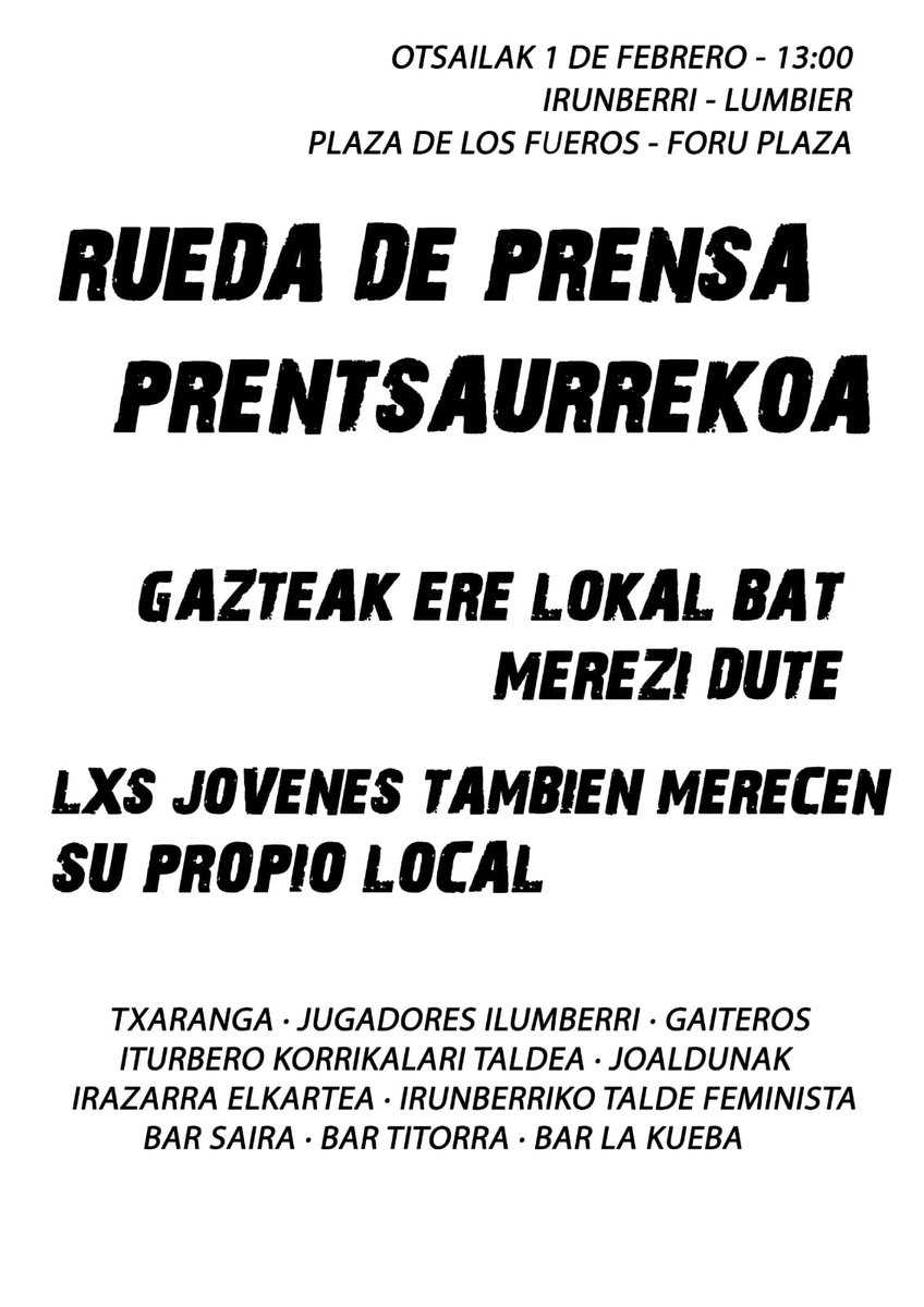 PRENTSAURREKOA | RUEDA DE PRENSA

📆 GAUR | HOY
⏰ 13.00
📌 Foruen Plaza de los Fueros

Herriko kolektibo eta eragileak gazte lokalaren aldarrikapenarekin bat egin eta elkartasuna adierazteko prentsaurrekoa.