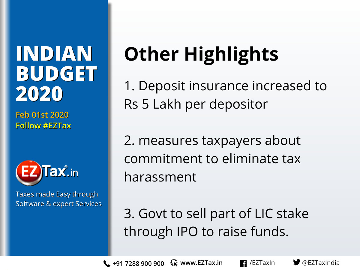 Few Other #Highlights from Budget 2020.

Depositor Insurance, LIC disinvestment, may be few others ?

@budget2020
#LIC #budget #bank #eztax #money #economy #BudgetSession2020 #taxes #corporate #Companies