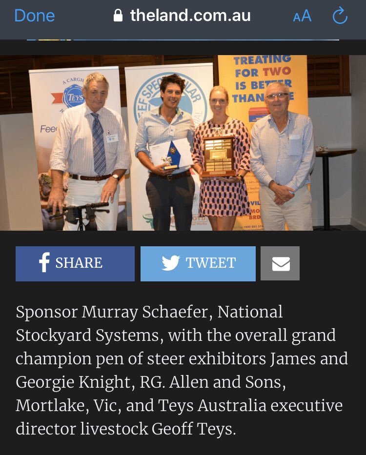 jclknight's tweet photo. Thrilled with the @TeysAustralia #beefspectacular win for the second time in four. Thanks to @TeysAustralia & the sponsors, unwavering support/work of @gkatek my father in-law Bruce’s cattle eye & #murdedukeangus #glenavonangus #wattletopangus for the now benchmarked bull teams! https://t.co/VhptCC2UuL
