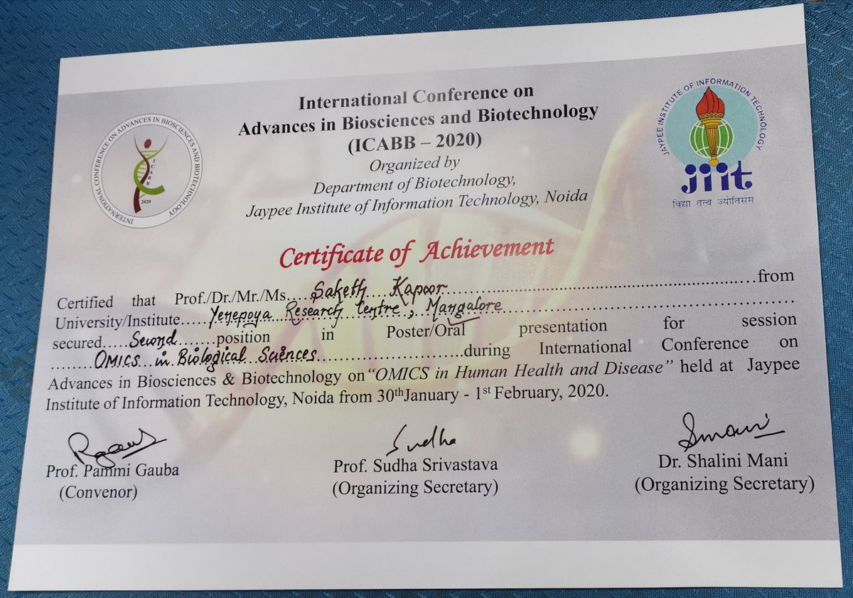 ResearchYen's tweet image. Many congratulations 💐 to our Graduate student @Sakethkapoor for receiving Second Prize in Oral Presentation at International Conference on Omics in Human Health and Disease organized by JIIt, Noida @YenUniT @hupo_org @IndiaDST @ICMRDELHI #stemcell #proteomics