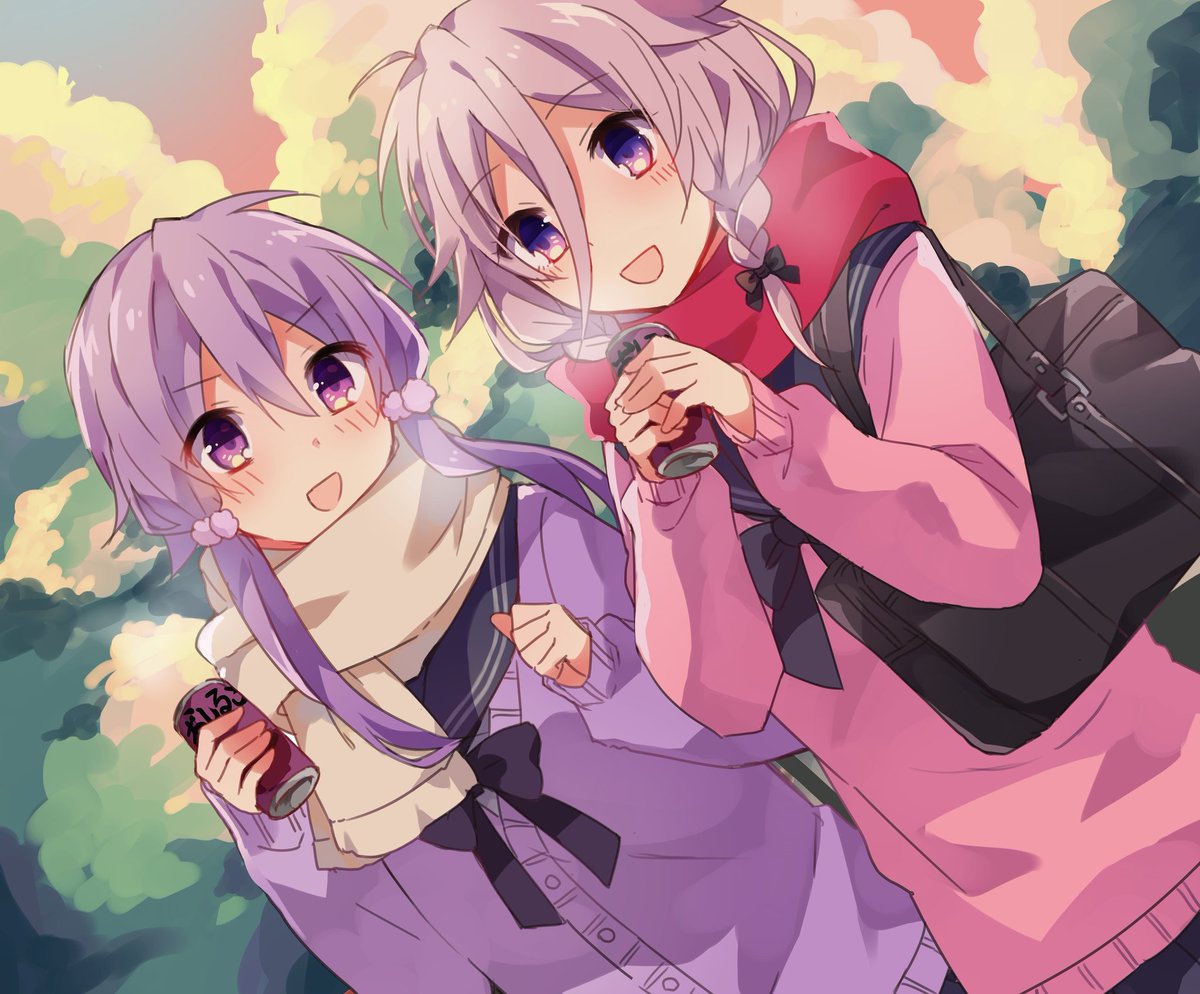 ia (vocaloid) ,yuzuki yukari 2girls multiple girls scarf purple eyes bag purple hair open mouth  illustration images