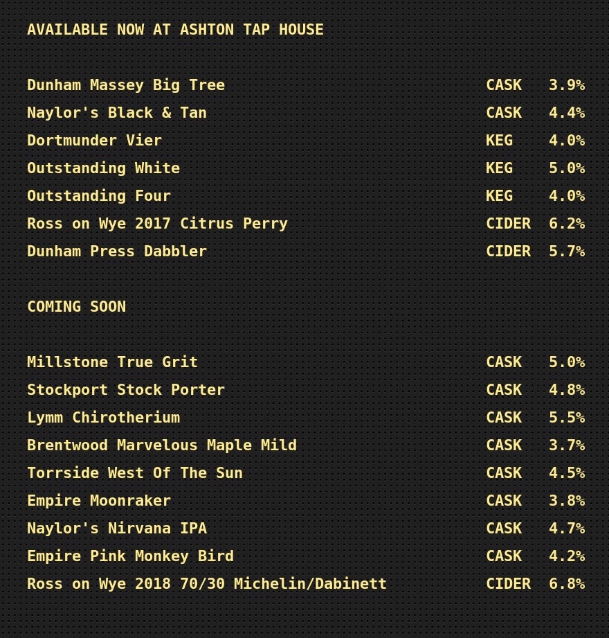 On the bar today!
Beer Board: goo.gl/sp5EmZ
<a href="/DunhamMasseyAle/">DunhamMasseyBrewing</a> <a href="/NaylorsBrewery/">Naylor's Brewery</a> <a href="/DortmunderBeer/">Dortmunder</a> <a href="/Outstandingbeer/">Outstanding Brewing</a> <a href="/RossCider/">Ross Cider</a> <a href="/Dunhamciderman/">Chris Hewitt</a> 
#RealAleFinder <a href="/TamesideMarkets/">Tameside Markets</a> #LYLM2020 <a href="/AshtonRetail/">Ashton Independent Retail</a>