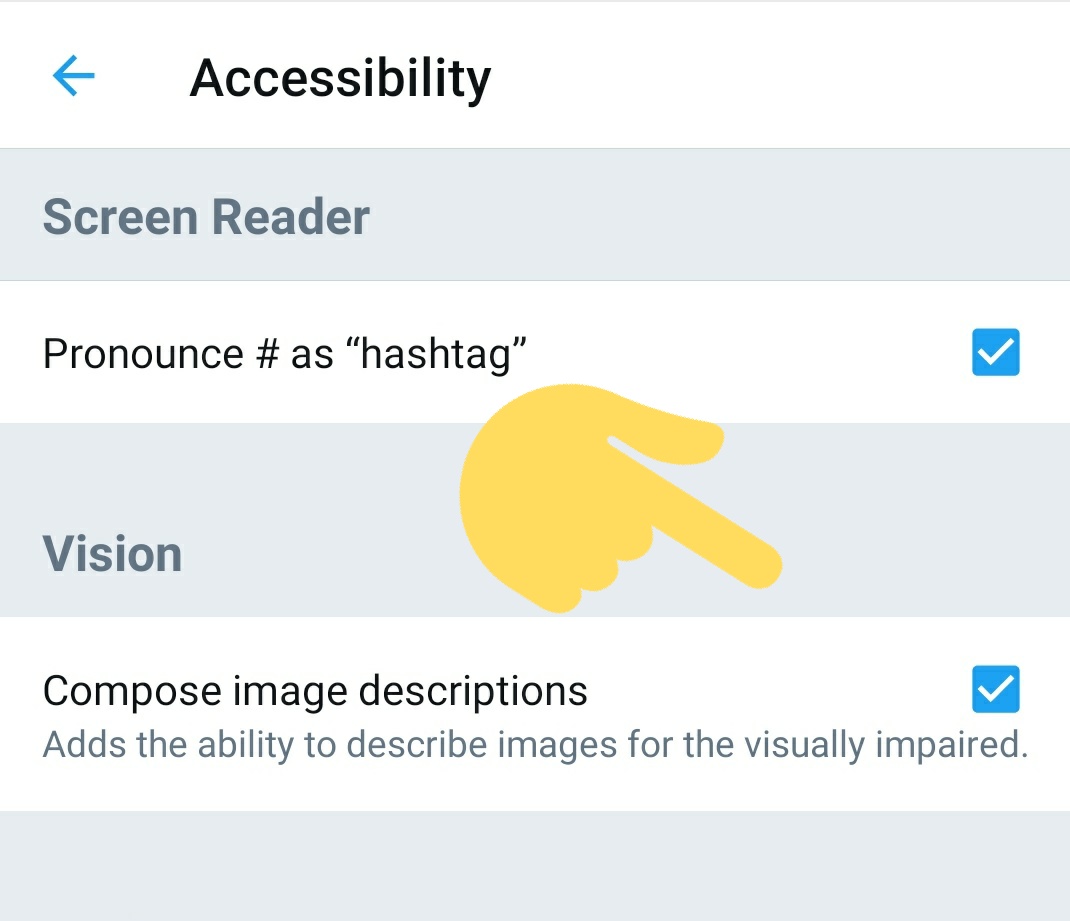 Screenshot of the Twitter settings for accessibility, with a finger pointing at the checkbox for the "Compose image descriptions" feature.