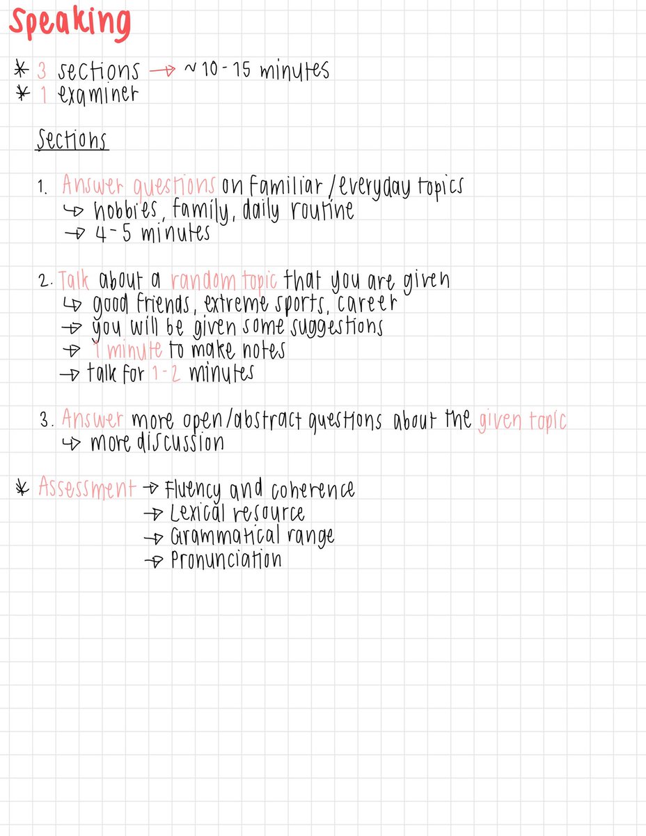 แจกค่า เป็น structure ข้อสอบ IELTS ว่าแต่ละพาร์ทจะใช้เวลาเท่าไหร่อะไรยังไง แต่ละเซคชั่นในพาร์ทนั้นๆจะออกอะไรบ้าง เราต้องทำอะไร มี assessment ด้วยว่าเค้าจะเช็คเราตรงไหนบ้าง หวังว่าจะมีประโยชน์นะคะ 😊