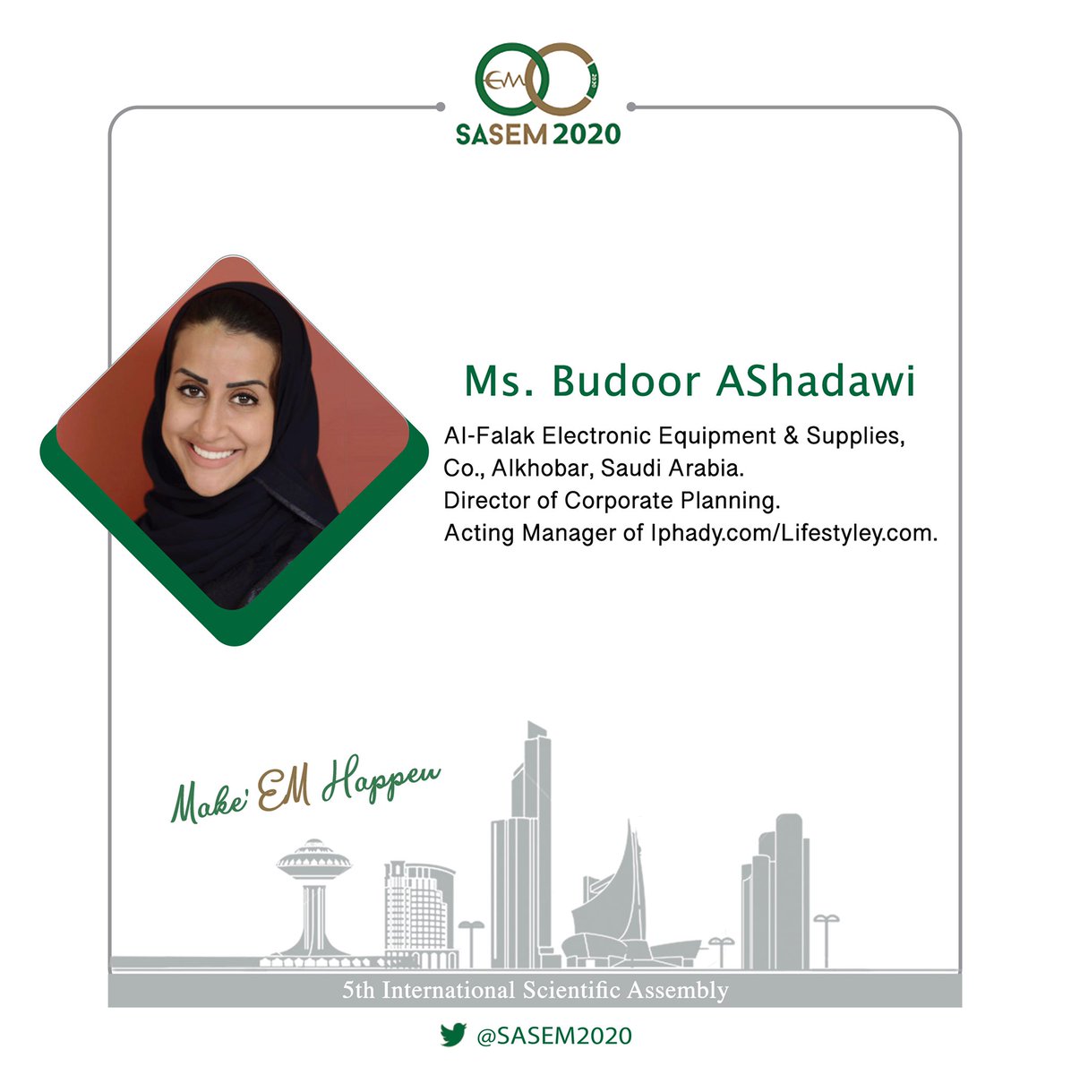 We #MakeEMHappen 🌟
Meet one of our distinguished speakers 🤩
Nothing good comes from comfort zones! 
Join us in #SASEM2020 for a chance to broaden your horizons and think outside the box 😉✨
sasem2020.com/conference-and…