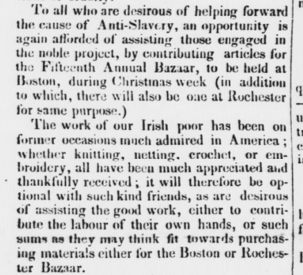 This society helped the fundraising efforts of the anti-slavery movement in the U.S. by sending handmade crafts that were sold at an Annual Bazaar. It seems middle or upper class members purchased the materials while the working class provided their time, labour and skill.