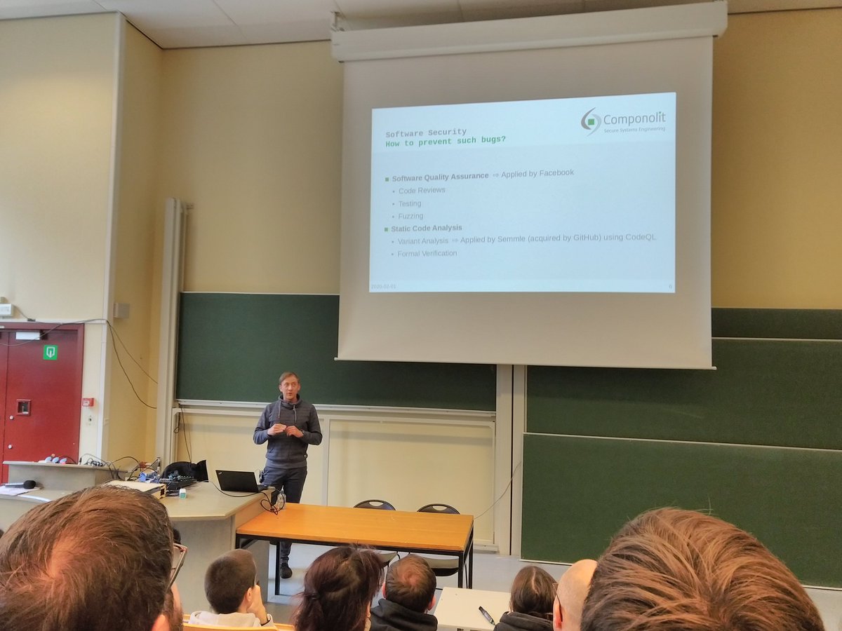 Componolit's tweet image. Tobias talks about securing existing software with #SPARK in a packed security devroom at #FOSDEM #FormalVerification