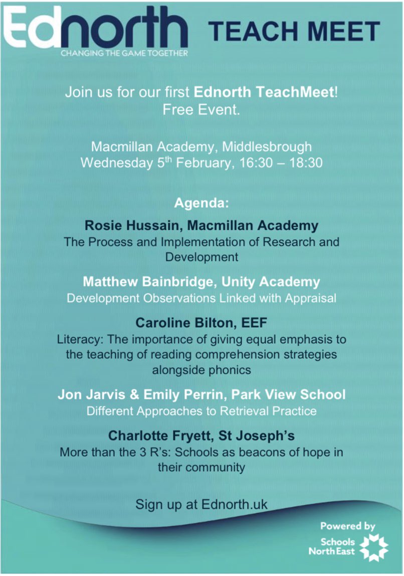Join us next Wednesday (February 5th) at Macmillan Academy, Middlesbrough for the first Ednorth TeachMeet. 

Sign up here: forms.gle/3bUfhMMKuFUitB…

#teaching #teachers #education