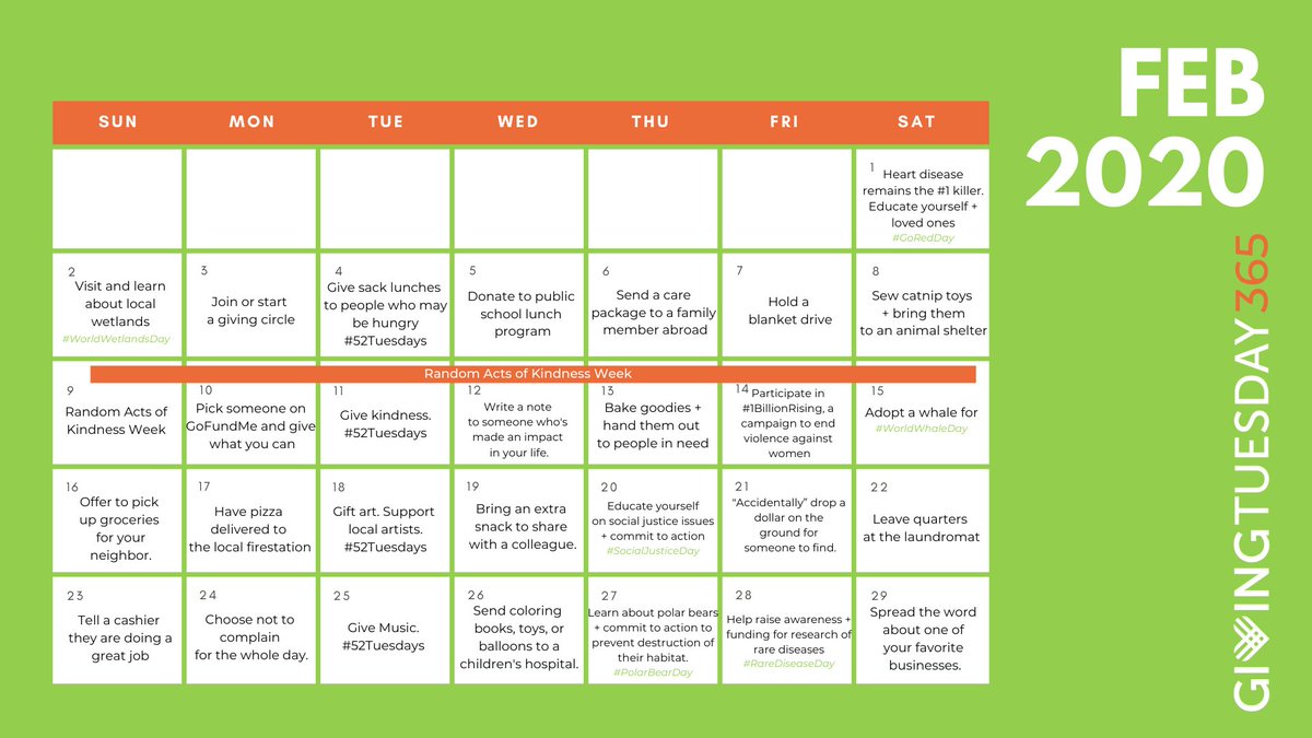A February calendar with an act of kindness listed on each day. 
