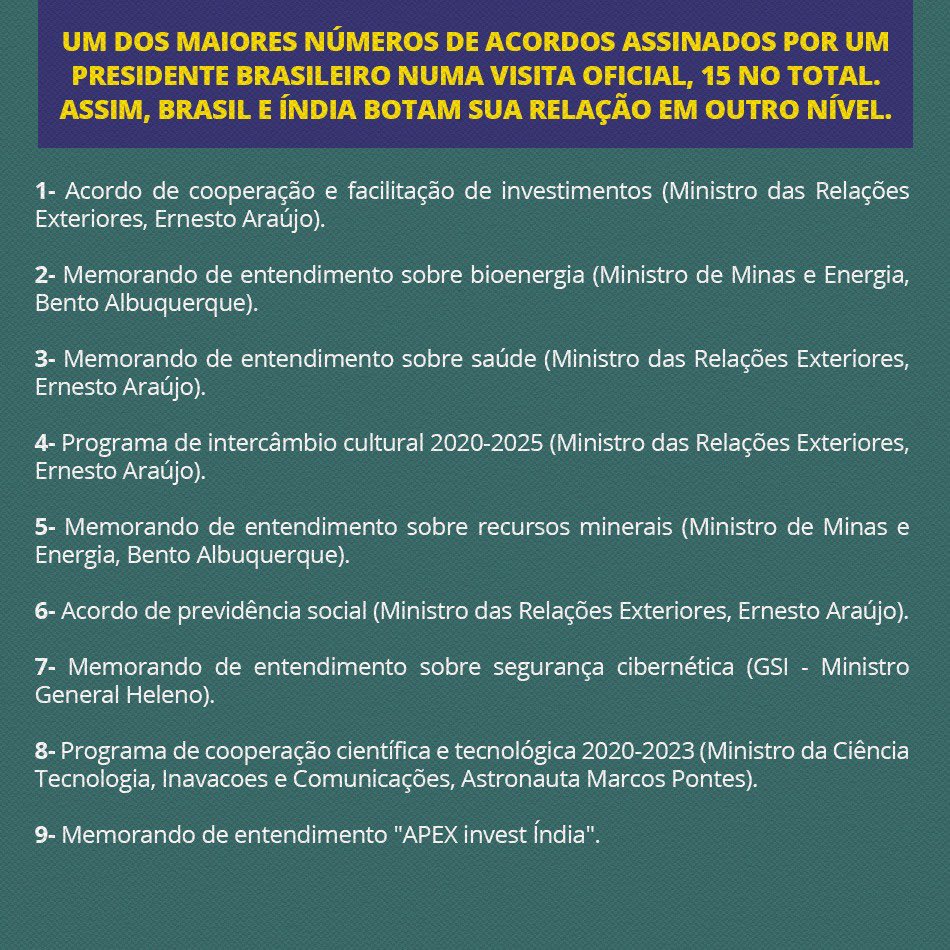 jairbolsonaro's tweet photo. O Ministro Guedes na Suíça apresentou possibilidades de investimentos em torno dos R$320 bilhões. O Primeiro Ministro indiano, anunciou que parcerias com o Brasil poderão chegar aos U$50 bilhões até 2022. Reino Unido sinalizando acordos bilaterais, Base de Alcântara... Seguimos! https://t.co/4y2oT1g6oQ