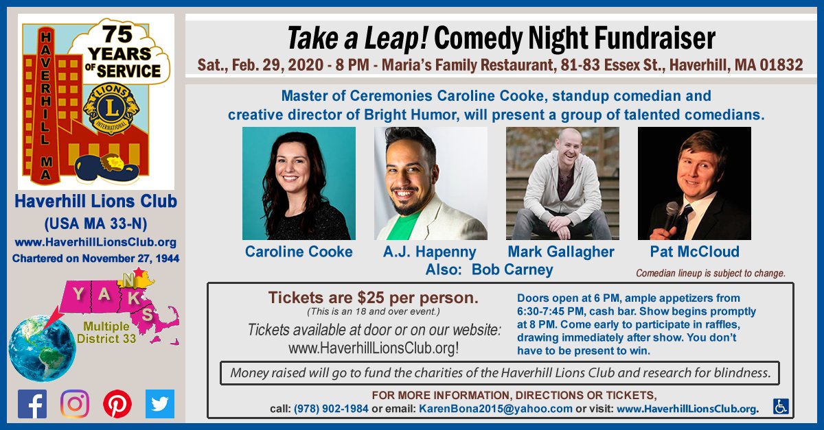 HaverhillLions's tweet photo. The #Haverhill, #MA #LionsClub presents: Take a Leap! Comedy Night Fundraiser, Sat, 2/29/20 - 8 PM. Maria’s Family Restaurant, 
81-83 Essex St, Haverhill, MA 01832. #Tickets available at the door or online: https://t.co/Mu2erKOAGa #district33n #lionsclub #weserve #comedy #leap https://t.co/BE3Gpzc6P5
