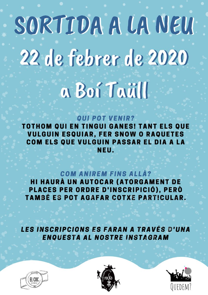 joveselcoc's tweet photo. Aquí teniu l'enquesta que hem preparat per tal de saber en quin format voleu participar i així buscar les millors opcions de descomptes en els forfaits, lloguers de materials,  contractar monitoratge i activitats proposades.
https://t.co/M3CQCWf7L3 https://t.co/L0jGjjQVt6