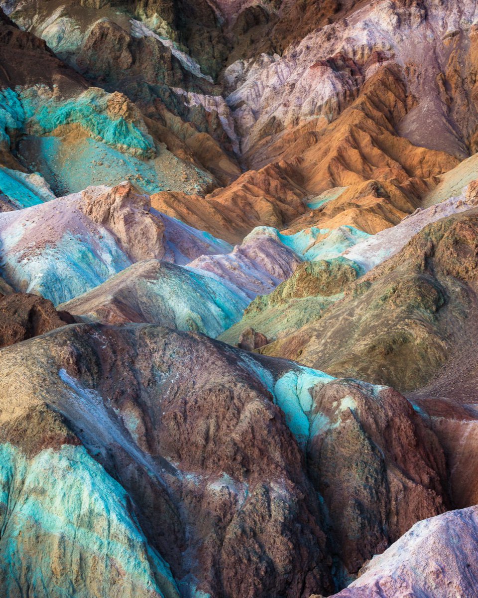 A rugged hillside is covered with scattered patches of colorful dirt.