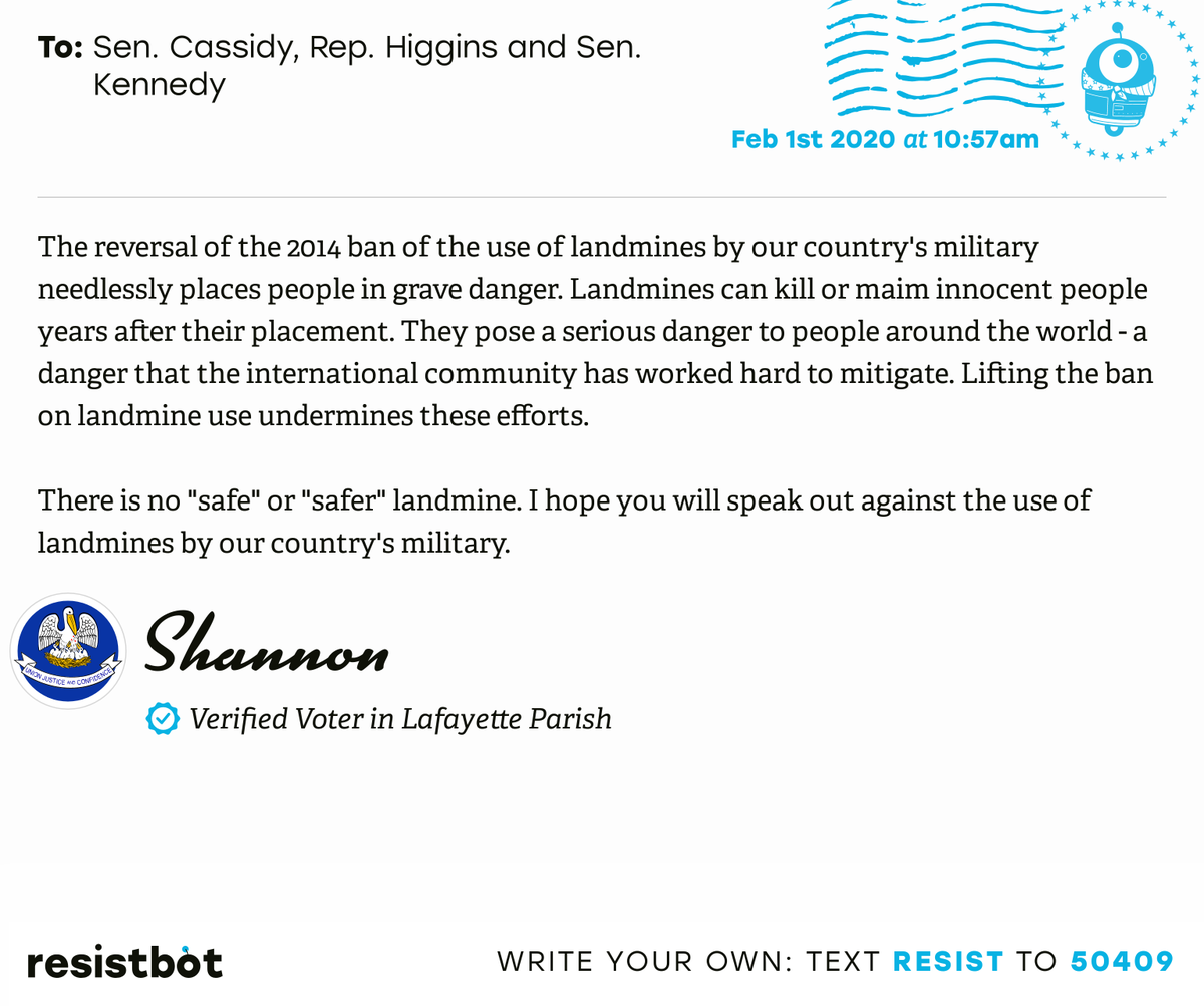 openletterbot's tweet photo. 📬 I just delivered this letter from Shannon in Lafayette, La. to @BillCassidy, @RepClayHiggins and @SenJohnKennedy #LA03 #LApol

🖊 Contact your officials too: https://t.co/z5540KFSKD https://t.co/x3CuteOgk1
