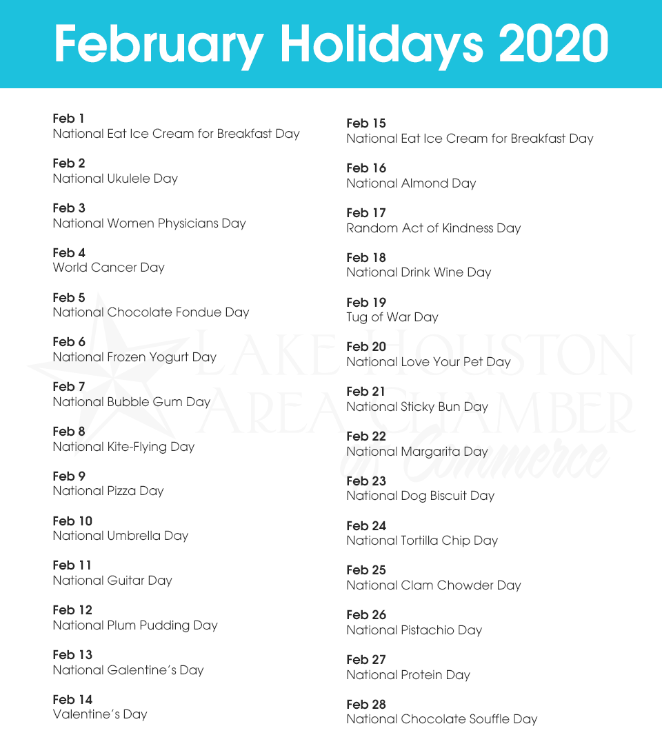 LakeHoustonEDP's tweet photo. DID YOU KNOW that February is National Embroidery Month? We hope this list of February Holidays helps to #Connect #Promote and #Grow Your Business in February! https://t.co/koRcIff7b0