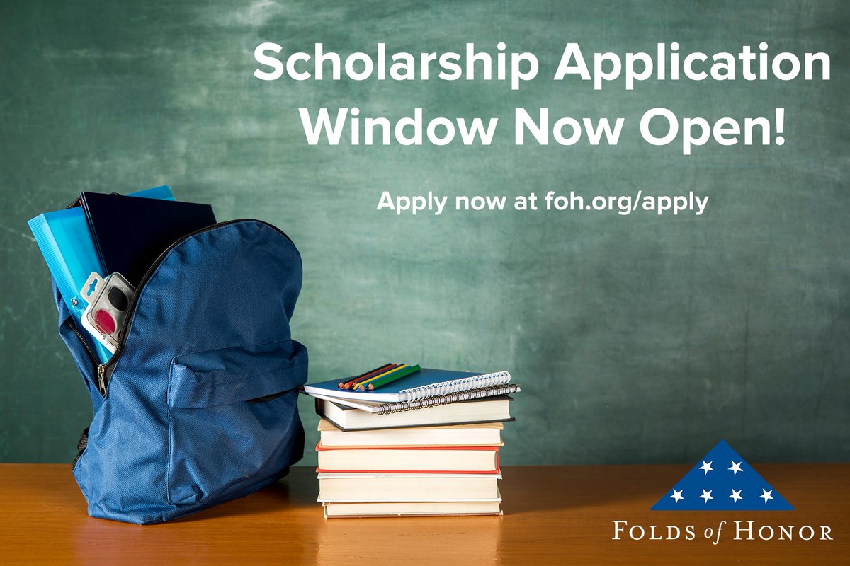 The 2020-2021 scholarship applications are now open! The applications will remain open until 6:00pm EST on March 31, 2020. All students who wish to be considered for a scholarship from Folds of Honor must (re) apply each year. Apply today at foh.org/apply.