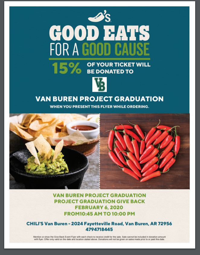 2020Vbhs's tweet photo. Come support Project Graduation on Feb 6th at Chili's! Just mention to them you are here supporting Project Graduation! #supportingagreatcause #classof2020 #vbpg2020 @VBSDAthletics @VanBurenHS @DrJVanBuren https://t.co/AbVUkCfMVr