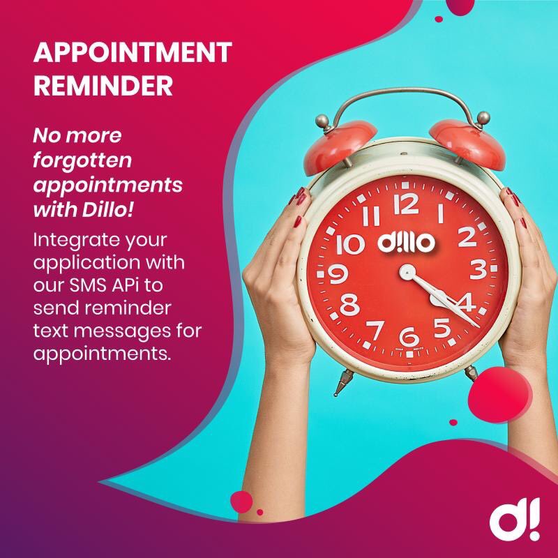 CloudDillo's tweet photo. With Dillo, now you can send appointment reminders and confirmations. Create now your free account on https://t.co/JGtaJ1Fkg5 and upgrade your application! #sms #appointment #confirmation #reminder #developer #api https://t.co/UBNfwq2x3U
