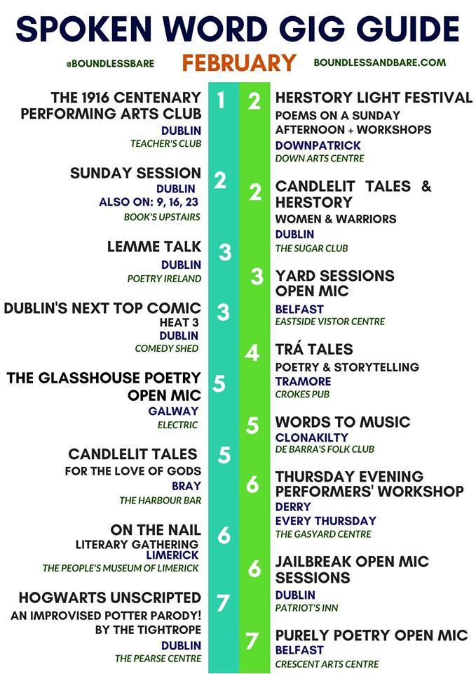 BoundlessBare's tweet photo. FEBRUARY 2020 SPOKEN WORD GIG GUIDE

https://t.co/MUHVqlmb0f

Please share! 🙌 
#spokenwordireland #events #slampoetry #poetry #festival #literature #irish #eventsguide #spokenwordevents #irishspokenword #openmic https://t.co/3kWOoJK9bl