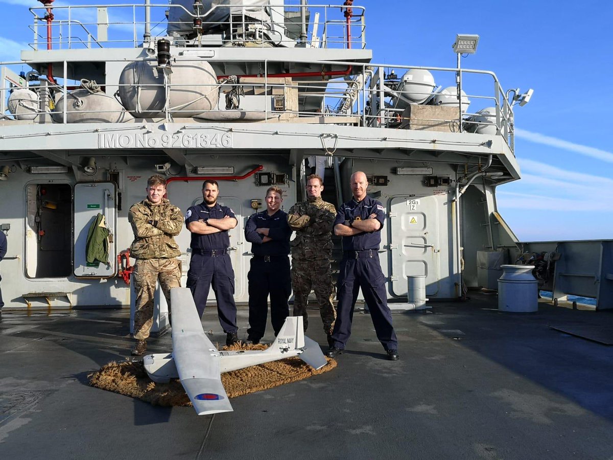 RNASCuldrose's tweet photo. @ForcesReviewUK @HMSQNLZ @RoyalNavy 700 X Naval Air Squadron taking the Puma air system to sea onboard @hms_mersey earlier this month. A joint team of @RoyalNavy &amp; @RoyalMarines #RPAS #RemotelyPiloted https://t.co/h0SGFYEjMa