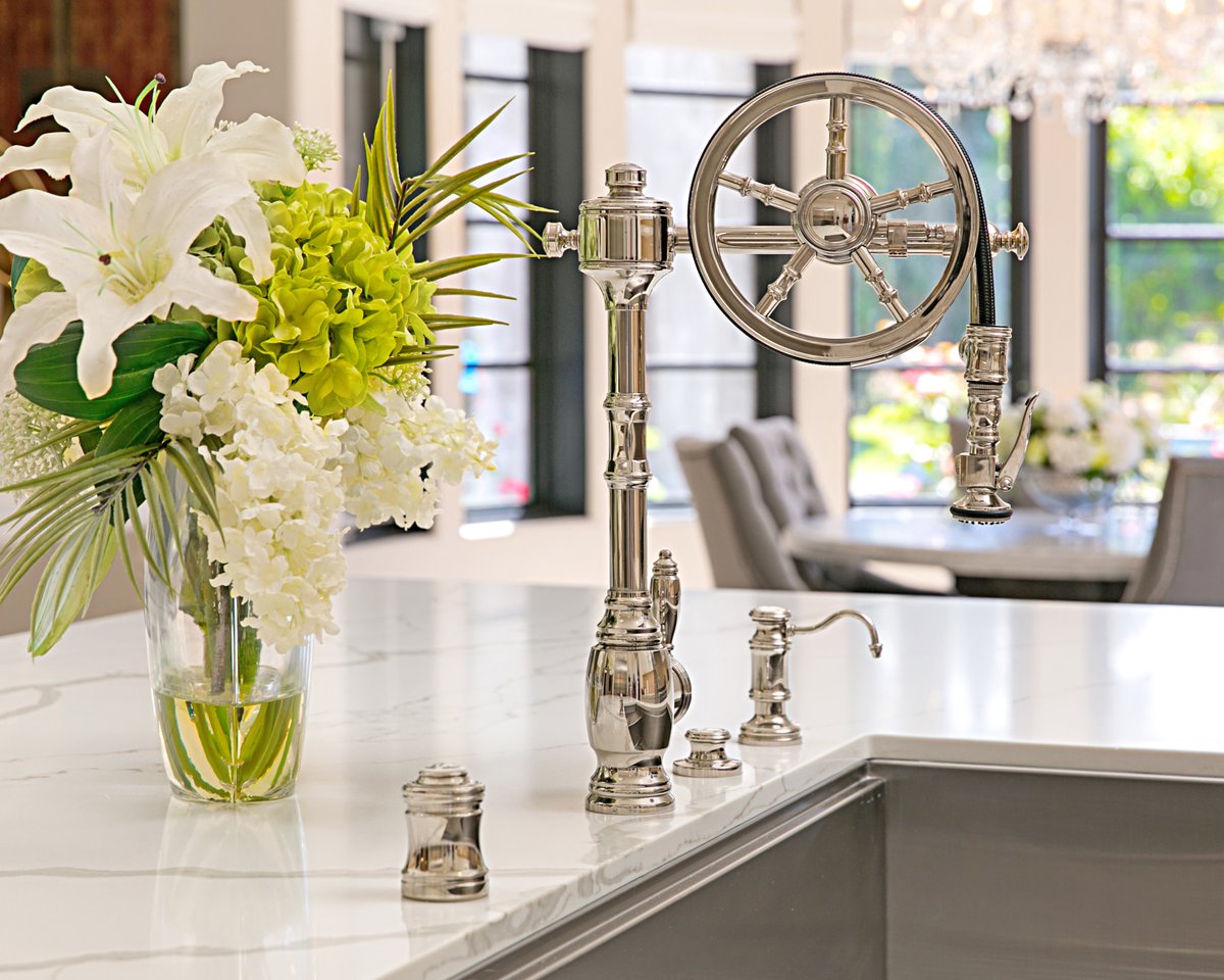 cesarioandco's tweet photo. The traditional wheel pull-down faucet is a statement addition to your kitchen. Both beautiful and functional, the faucet’s wheel spring technology gives the sprayer an easy, smooth pull. Shown here in polished nickel, by @WaterstoneUSA https://t.co/nylsEyZykW
