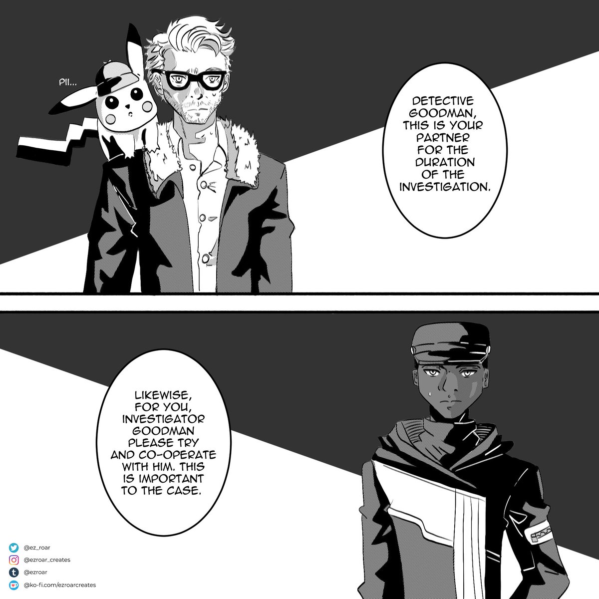ezroarartworks's tweet photo. I watched Detective Pikachu and came with a weird AU where Tim, Harry and Pikachu all teamed up in a different context. Translating real to my art style is fken hard. 

#pokemon #DetectivePikachu #pikachu #HarryGoodman #TimGoodman https://t.co/CT9kJY5RzD