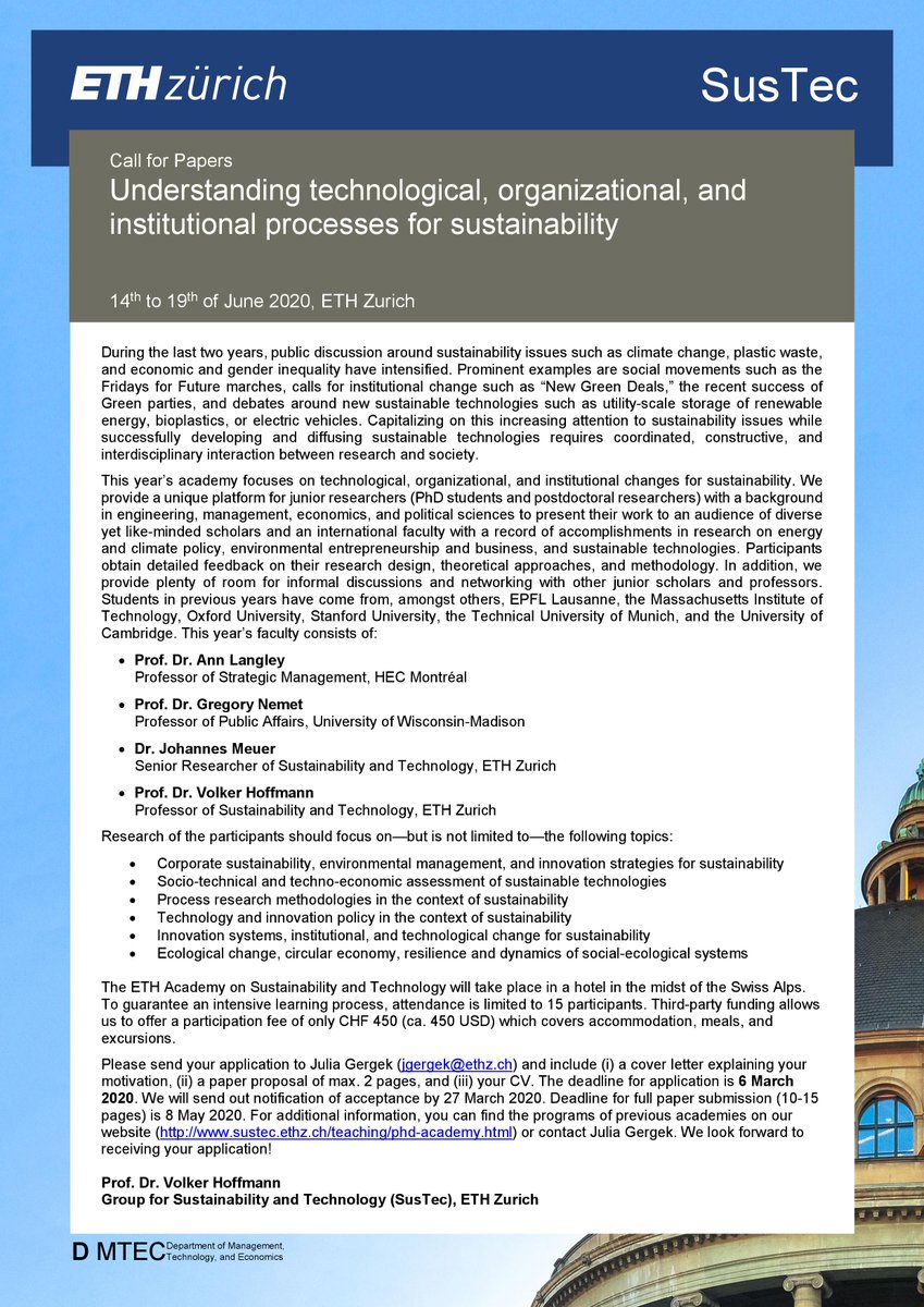 mariusaschwarz's tweet photo. Deadline for abstract submission is approaching, apply until 6 March 2020 to join this year’s  #SusTec #ETHAcademy - get feedback on early-stage work, meet awesome faculties, and enjoy a week in the beautiful Swiss Alps. For more information click here: https://t.co/Txks5nDY25 https://t.co/5xsDGsrX6G