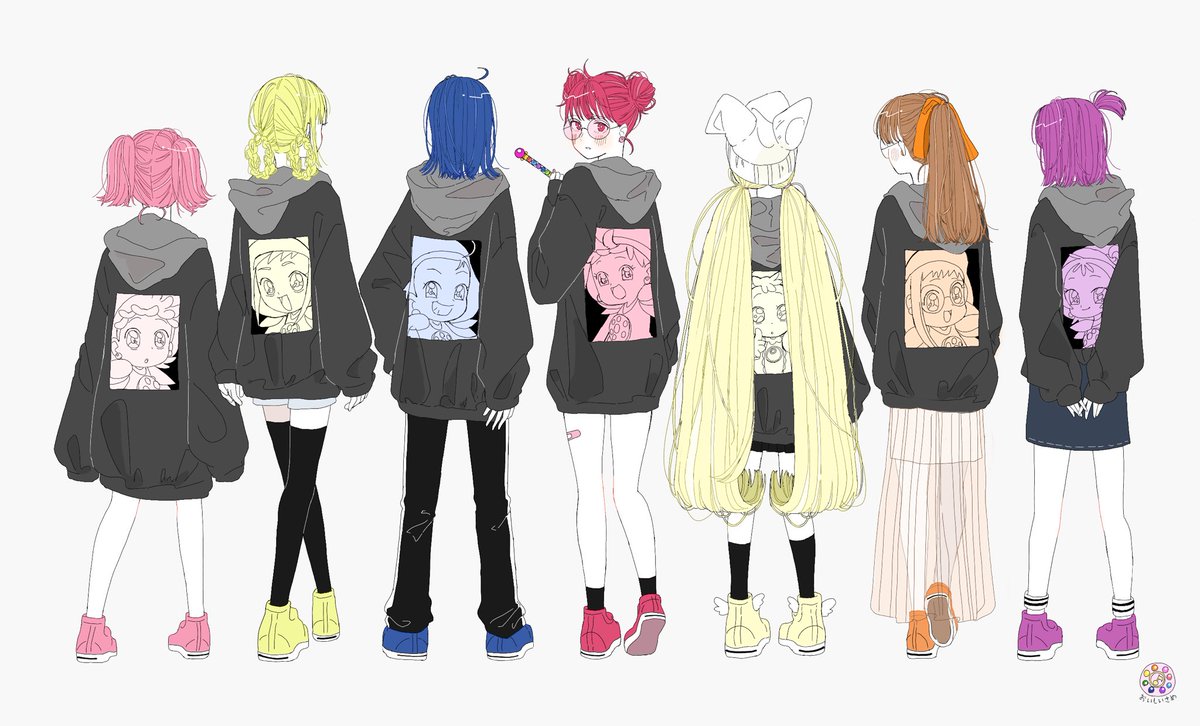 multiple girls 6+girls yellow footwear hood hoodie pink hair blonde hair  illustration images