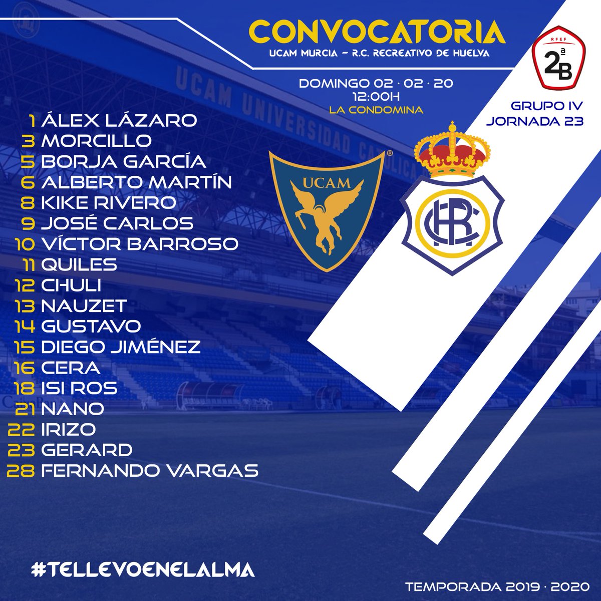 📋 CONVOCATORIA | Estos son los jugadores que viajan ahora mismo a Murcia para luchar por los tres puntos mañana en La Condomina.
#UCAMRecre
#TellevoenelAlma💙