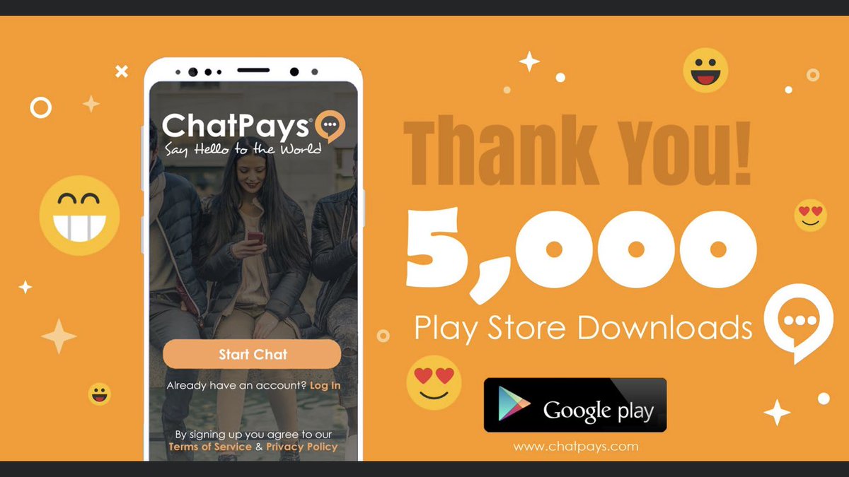 ChatPays's tweet photo. 5,000 Downloads on Google Play. Thanks everyone. #ChatPays This is just the beginning, next goal 10k lets make it happen! Get Chatting. #FreeDownload #GooglePlay
https://t.co/c9QNXZA3fX - Say Hello to the World https://t.co/MvrGmGAX89
