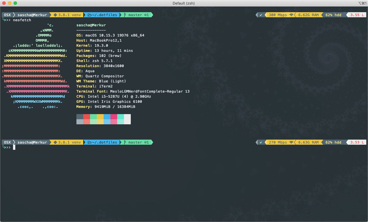 saschakiefer's tweet photo. Played with #Powerlevel9k to tweak my terminal. Quite happy with the result. Thanks to @nnja for the inspiration and @tdsepsilon for the tutorial 👍 https://t.co/y2js07rjR5